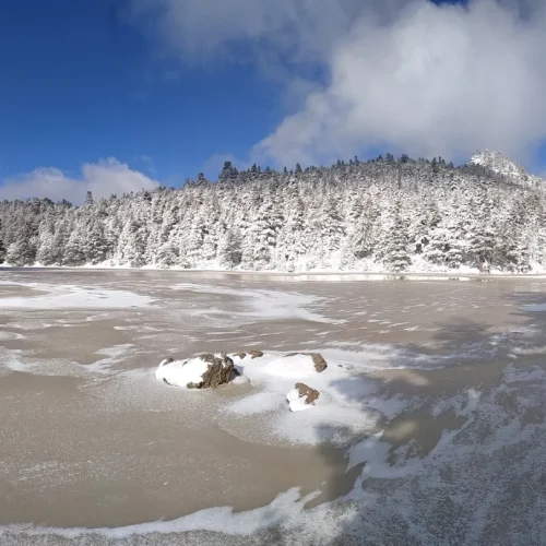 Λίμνη Δασίου παγωμένη στο αλπικό τοπίο της Ζήρειας, μέσα στη χειμερινή φύση