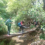 Πεζοπόροι στο ξύλινο γεφυράκι του Υδροβιότοπου Τζιρού με το BackpackOnGreece