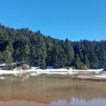 Γαλήνιο χειμωνιάτικο τοπίο με την παγωμένη λίμνη να αγκαλιάζεται από το δάσος. Μπονίκλ Επτάστομος Αγοριανή
